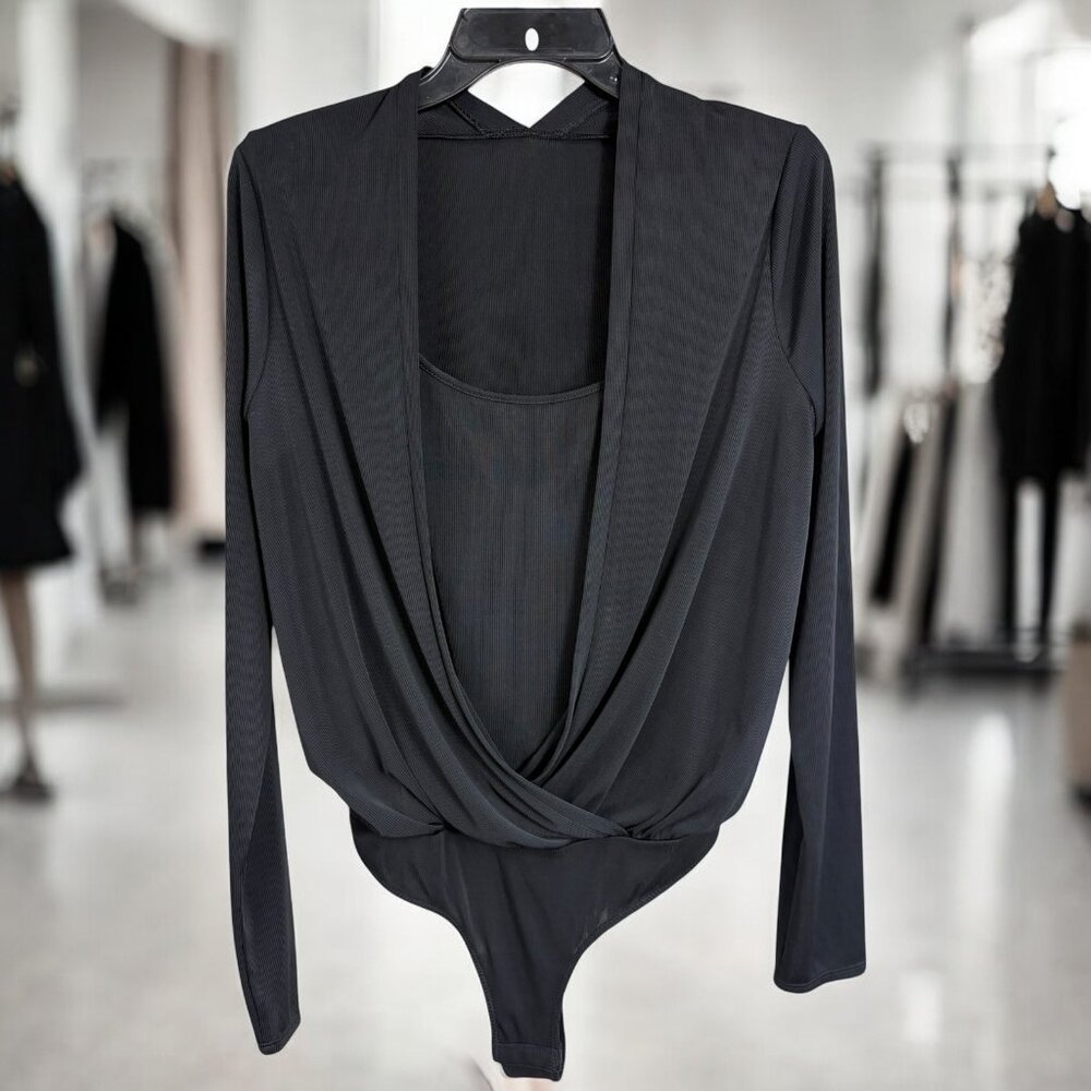 BCBGMAXAZRIA Black Surplice Wrap Long Sleeved Bodysuit‎